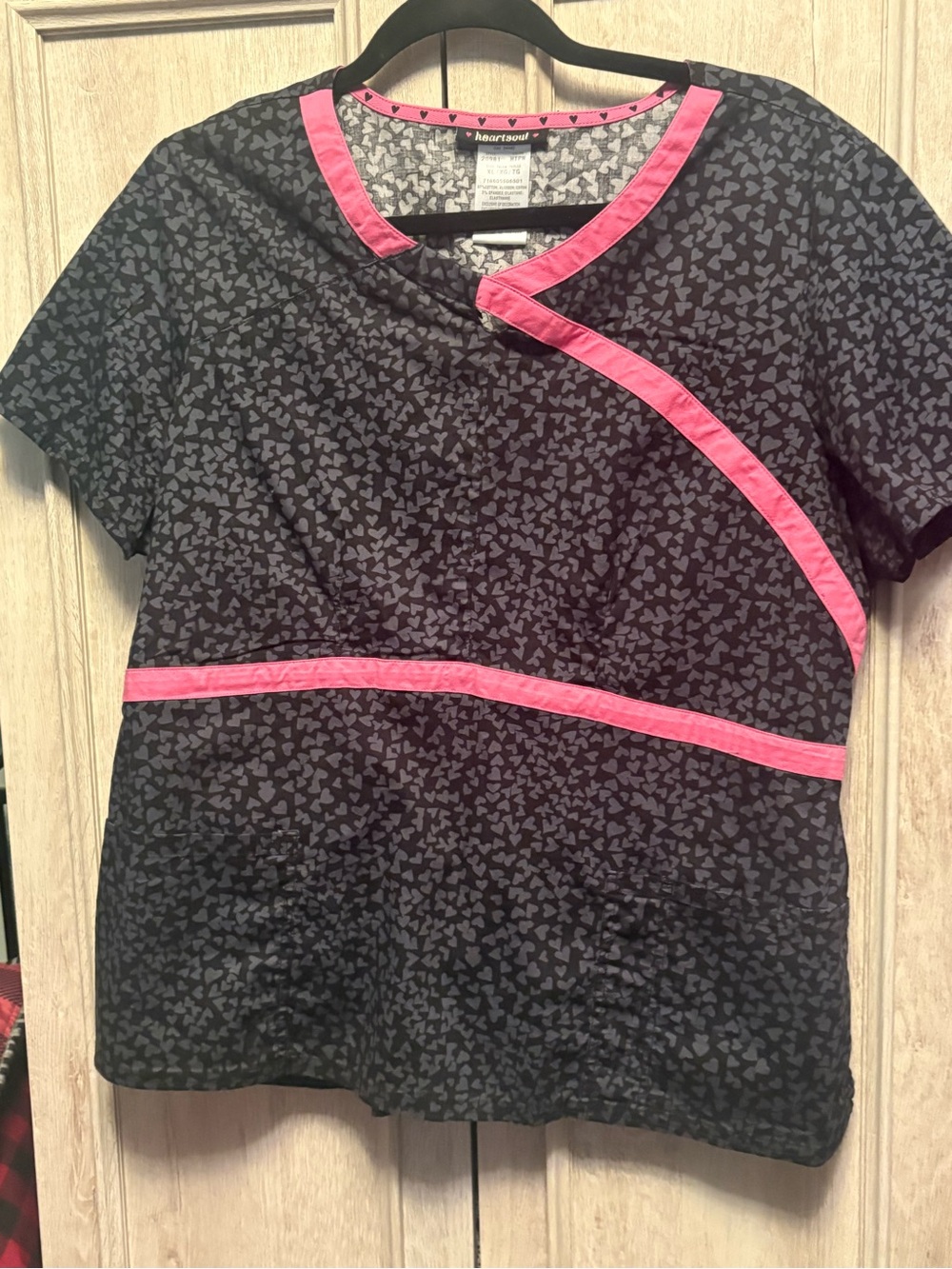 HeartSoul Black Scrub Top with Hot Pink Trim and Heart Print